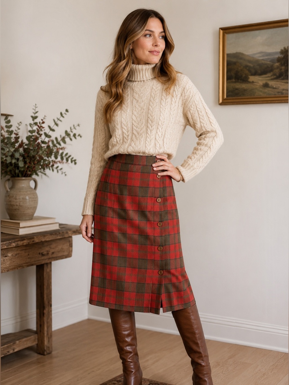 Vintage Howard Wolf Red Green Plaid Side Button Skirt USA Wool Small Christmas